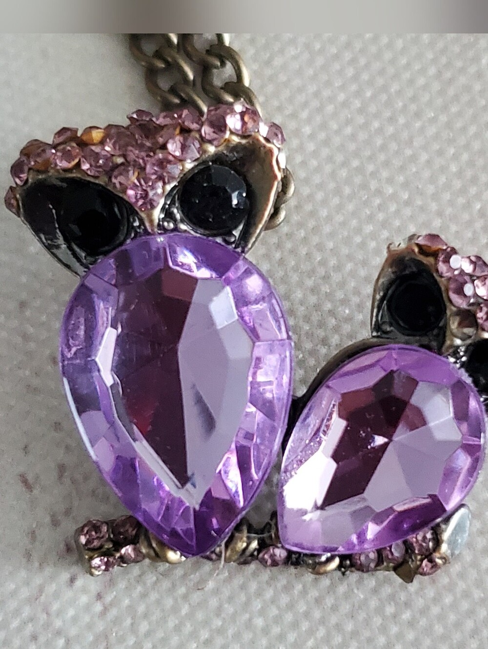Baby Owl Necklace Purple Crystal Stones Brass Tone chain